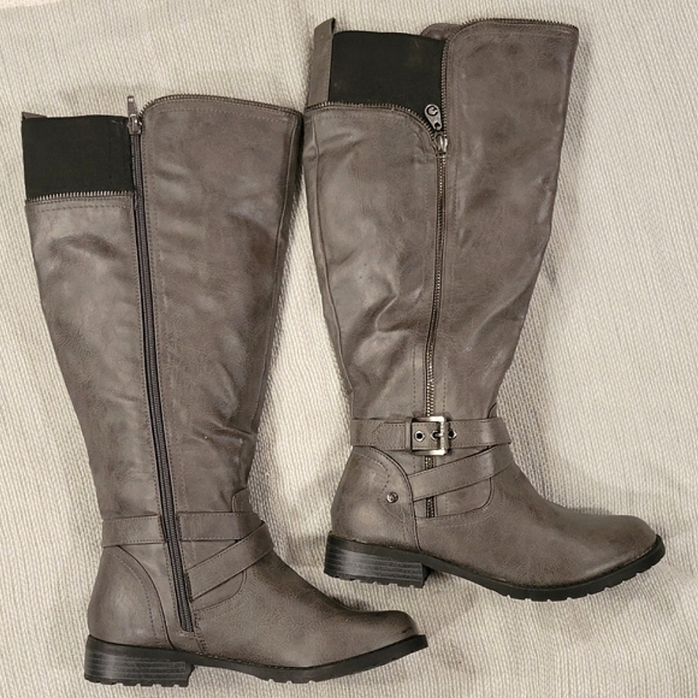 Gray Guess Wide Calf Tall Boots Zip Buckles Riding "Halsey" 7.5, Barely Worn - Picture 6 of 16